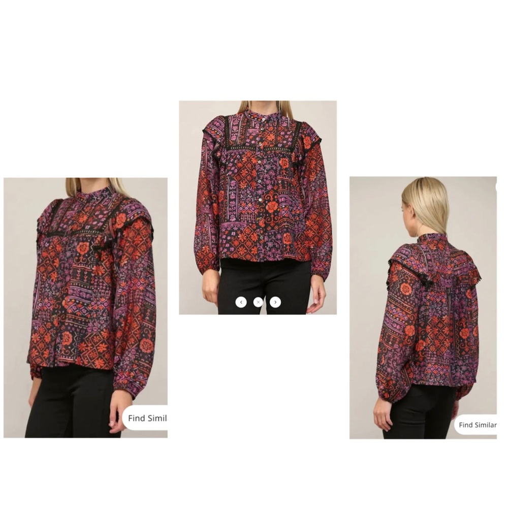 💥PRICE DROP💥 Lace Trim Insert High Neck Blouse In Red, Black And Purple